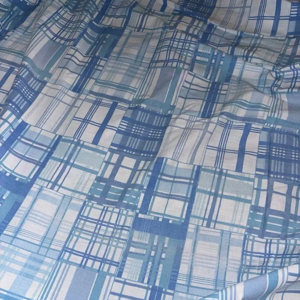 Vintage 1970s Blue Patchwork Plaid Queen Fitted Sheet